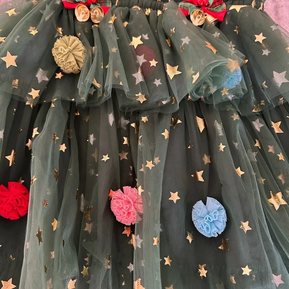 Festive Christmas Tree Costume Dress with Pom-Pom Ornaments